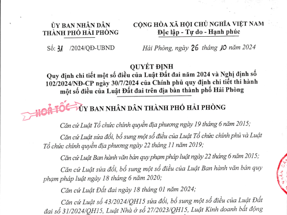 Quyết định số 31/QĐ-UBND Quy định chi tiết một số điều của  Luật Đất đai năm 2024 và Nghị định số 102/2024/NĐ-CP ngày 30/7/2024 của Chính phủ quy định chi tiết thi hành một số điều của Luật Đất đai trên địa bàn thành phố Hải Phòng 